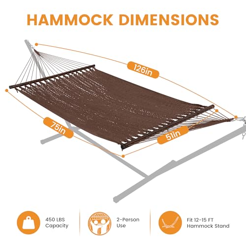 Lazy Daze Hammocks 10.5 FT Double 2 Person Caribbean Rope Hammock, Hand Woven Polyester Hammock with Spreader Bars for Outdoor Backyard Patio Poolside, 450 LBS Capacity, Brown