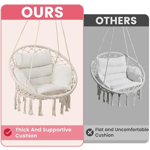 KROFEM Hammock Chair Swing Chair with Boho Medium Cushion, Macrame Hanging Chair for Bedroom, Indoor, Outdoor, Balcony, Porch, Beige