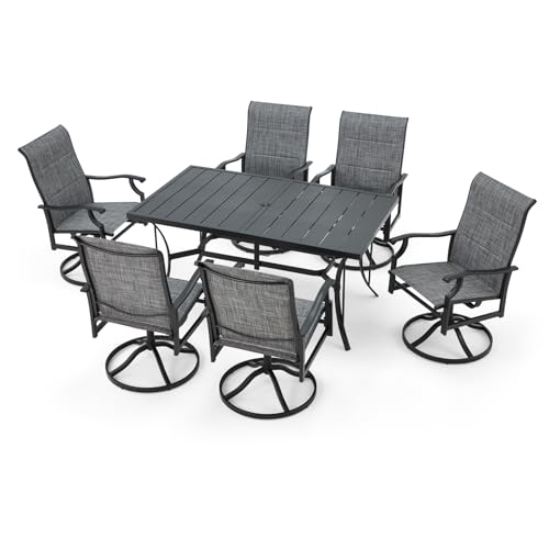 BUPPLEE Patio Dining Set for 6, 6 Piece Patio Swivel Chairs with 1 Piece Large Metal Rectangular Dining Table for Backyard Front Porch Pool Deck,Gray