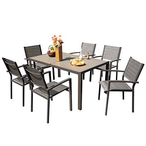 Devoko Patio Dining Set 7 Piece Outdoor Furniture with Rectangular Table and 6 Stackable Chairs Family Conversation Set for Garden Backyard Deck (Grey)