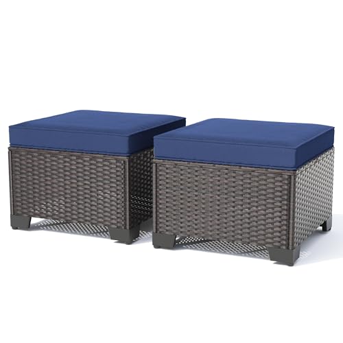 Kullavik Outdoor Ottoman Set of 2,All-Weather PE Wicker Outdoor Footstool with Thickened Cushions for Garden,Backyard,Deck,Porch,Poolside,Navy Blue