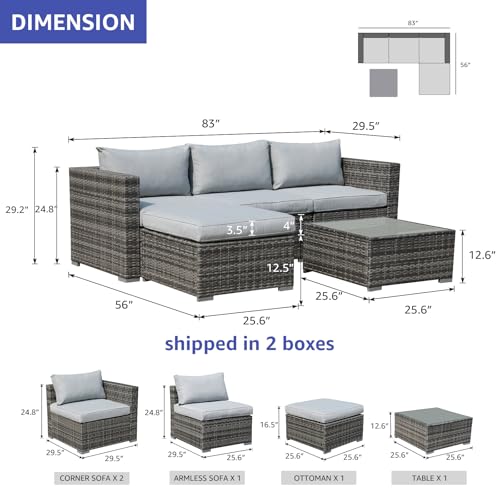 Patiorama 5 Piece Outdoor Patio Furniture Set, Sectional Conversation All-Weather Grey PE Wicker w/Light Cushions, Backyard Porch Garden Poolside Balcony Set