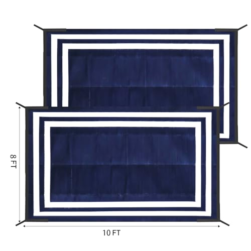 8'x 10' Outdoor Rug,Waterproof Reversible Patio Rugs,8x10 ft Plastic Straw Outdoor Carpet Foldable Plastic Camping Mat for Outside RV, Patio,Picnic,Camper,Balcony,Porch(Navy Blue &White)