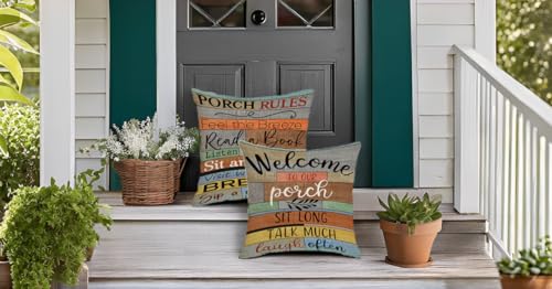 Jartinle Decorative Outdoor Pillow Covers Porch Rules Sign Farmhouse Throw Pillow Covers, Square Linen Patio Cushion Cases for Couch Bench Seat Chair Car 18x18 Inch