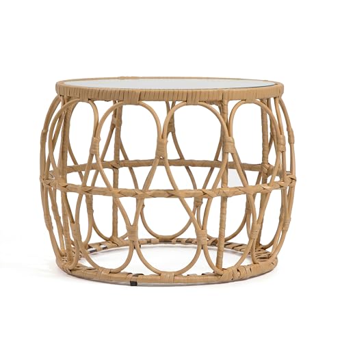 Furniture of America Ysar Boho Rattan Round Coffee Table Outdoor with 5mm Tempered Glass Top, All-Weather and Rust Resistant Patio Furniture