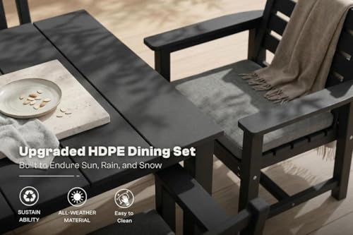 Patio Kingdom Perli™ 9-Piece Outdoor Dining Set, All-Weather HDPE Patio Furniture with 8 Ergonomic Chairs & Large Table, Built-in Umbrella Hole, UV-Resistant Set for Backyard, Deck, Poolside, Black