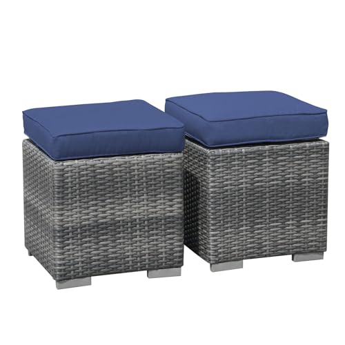 Patiorama 2 Pieces Assembled Outdoor Patio Ottoman, Indoor Outdoor All-Weather Grey Wicker Rattan Outdoor Footstool Footrest Seat w/Navy Blue Cushions,Outdoor Ottoman for Patio,No Assembly Required