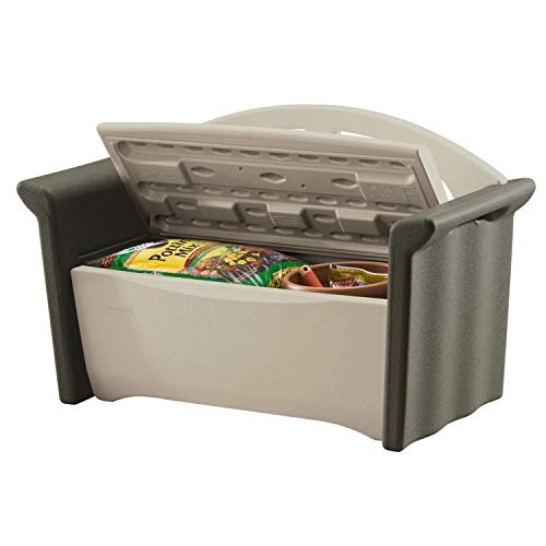 Rubbermaid Resin Outdoor Storage Bench (32 Gal), Weather Resistant, Brown/Grey, Deck Organization for Home/Backyard/Pool Chemicals/Toys/Garden Tools/Porch/Patio Cushions