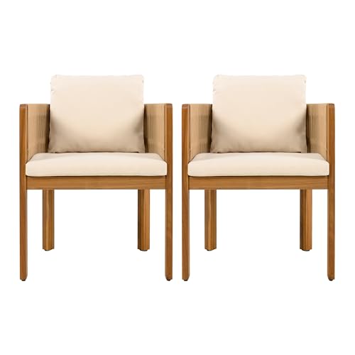 Christopher Knight Home Levi Set of 2 Outdoor Dining Chairs, Acacia Wood Patio Dining Room Chair with Waterproof Cushions, Rope-Wrapped Accents, Comfy Poolside Kitchen Chairs, Teak + Beige