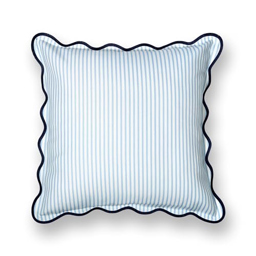 Hofdeco Premium Coastal Patio Indoor Outdoor Scalloped Throw Pillow Cover Only, 20"x20" Water Repellent for Backyard, Couch, Baby Blue Print Stripes