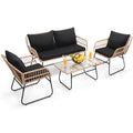 Kromax 4 Piece Patio Bistro Outdoor Furniture Set, Wicker Sofa, 2 Rattan Chairs, and Table, Backyard Conversation Set, All Weather Cushions, Natural Rattan Black Cushion
