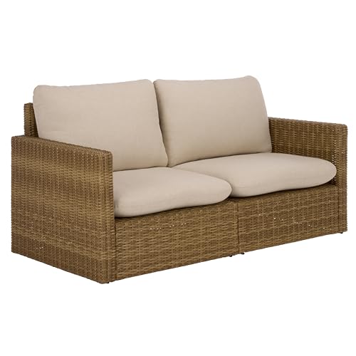 SAFAVIEH Outdoor Patio Furniture Collection – Emma Natural Rattan & Taupe Cushion Sofa, Modern Outdoor Seating (PAT7564A)