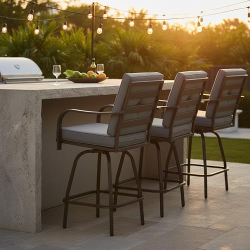 STRPRETTY BASIC Outdoor Swivel Bar Stools Set of 4, Patio Bar Height Swivel Stools with Cushions for Garden Balcony Backyard, Grey