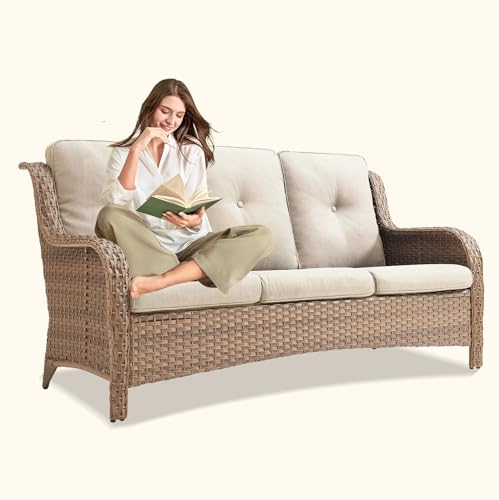 Artfurniz Wicker 3-Seat Outdoor Sofa - All Weather Rattan Sofa Patio Furniture with Deep Seating, Comfortable High Back Outdoor Couch for Balcony, Porch, Deck and Backyard - Yellow/Beige