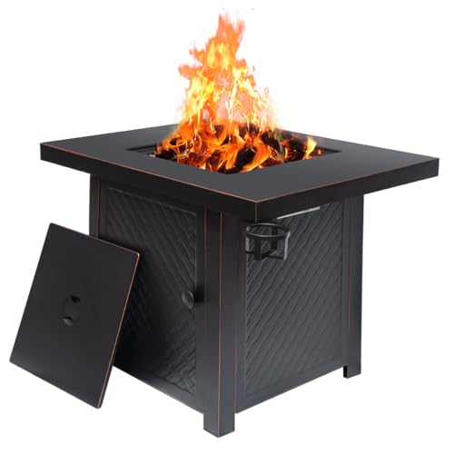Verdeluxe 32'' Propane Fire Pit,50000 BTU Gas Firepit Table with 2 Drink Holders, Lid & Lava Rock,Outdoor Fire Pit Table for Dining or Party,Propane Firepits for Outside,Patio,Yard