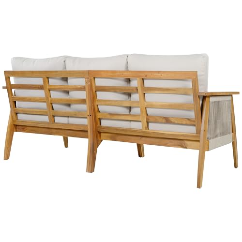 Christopher Knight Home Outdoor 3 Seater Patio Sofa with Acacia Wood Frame and Rope Weave Design, Cushioned Garden Couch with Removable Covers for Patio Deck Balcony, Teak and Beige