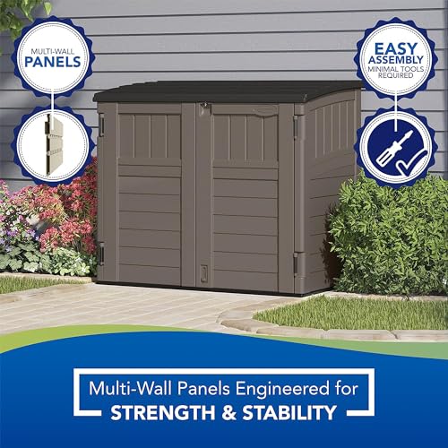 Suncast 34 Cu Ft Horizontal Resin Storage Shed - Outdoor Storage Shed with Floor Included, Lockable, Weatherproof, Fits Small to Medium Trash Cans, Generators, & Garden Tools, Stoney Black