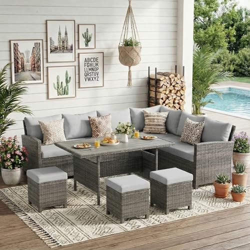 Patio Furniture Set, 7 Piece High Curved Back Outdoor Dining Sectional Sofa, All Weather Wicker Conversation Set with Ottoman