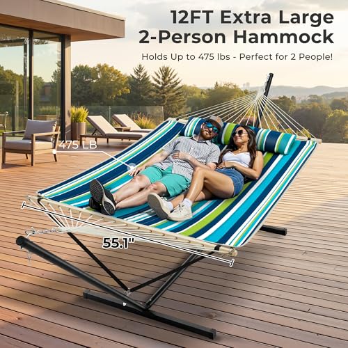 SUPERJARE 12ft Double Hammock with Stand, Rope Hammock for 2 Person, Detachable Hammock Bed and Pillow, Portable, Anti-Tip Safety Ropes, Carry Bag, Outdoor Backyard Patio Camping, Dark Cyan