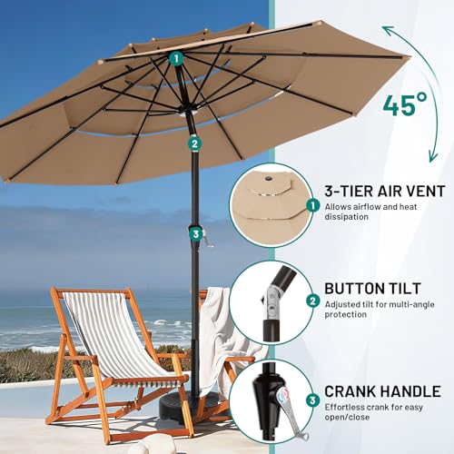 AreShark 9ft 3-Tier Patio Umbrellas, Outdoor Umbrella with 8 Sturdy Ribs UV Protection Windproof, Market Table Umbrella w/Push Button Tilt & Crank for Pool, Porch, Deck, Garden(Beige)