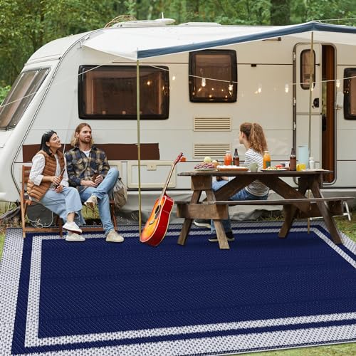 KMAT Outdoor Rug, Waterproof Reversible Patio Rugs, 5x8ft Large Outdoor Area Rug Foldable Plastic Camping Rugs for Outside RV, Patio,Picnic,Camper,Balcony,Porch (Blue &White)