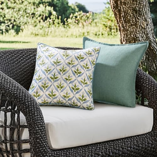 MIULEE Floral Decorative Pillow Covers Set of 2,Block Print Throw Pillow Covers Outdoor Boho Farmhouse Vintage Coastal Summer Accent Cushion Covers for Couch paito Garden Sofa 18x18 Inch, Blue-Green
