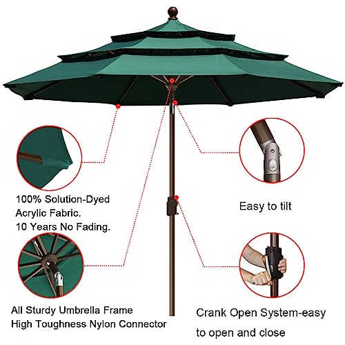 EliteShade USA 10-Year-Non-Fading 9ft 3-Tier Market Patio Umbrella, Commercial Grade Outdoor Table Umbrella with Crank Open, Windproof & UPF 50+ UV Protection, Heavy Duty Ventilation for Garden, Deck, Pool, Backyard, Beach & Bistro, Forest Green