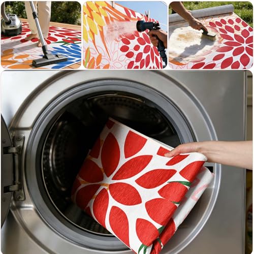 Yinhua Dahlia Floral Outdoor Rug 8x10 Colorful Indoor Outdoor Rugs Washable Patio Rug Non Slip Large Flower Area Rug Low Pile Outdoor Carpet for Patio, Deck, Porch, Balcony, Camping, Red and Blue