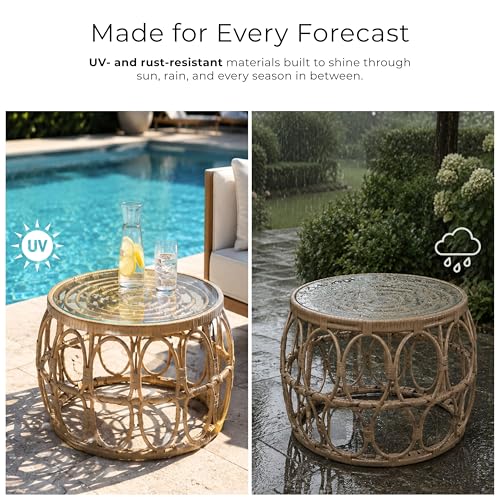 Furniture of America Ysar Boho Rattan Round Coffee Table Outdoor with 5mm Tempered Glass Top, All-Weather and Rust Resistant Patio Furniture