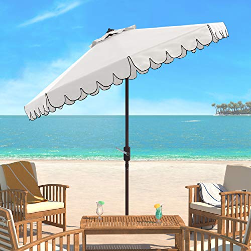 SAFAVIEH Outdoor - Venice 9-Foot Crank Patio Umbrella - Ivory & Black Canopy - Brown Aluminum Pole - Single Scallop Trim Design - Ideal for Patio, Deck, Poolside, Backyard (PAT8010E)