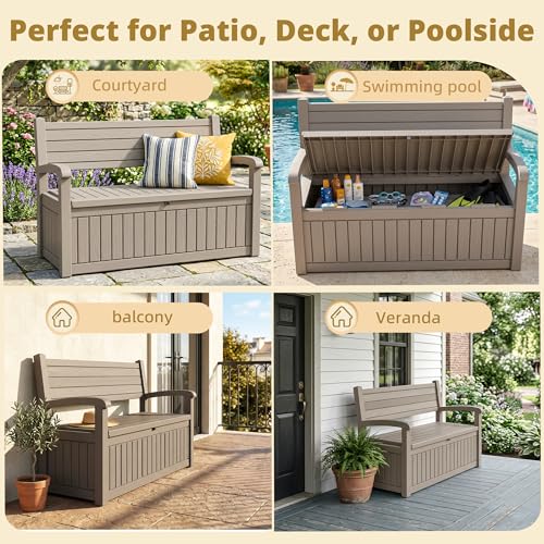 EFU Outdoor Storage Bench, Outdoor Bench with Storage, 80 Gallon Heavy-Duty&Waterproof Lockable Storage Bench Outdoor for Patio, Garden, Porch (Light Brown)