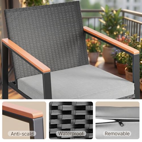 Gizoon 3 Pieces Rocking Patio Bistro Set with Anti-Scald Armrest, Outdoor Patio Wicker Furniture Set with Glass Table and Cushion for Garden, Yard, Porch