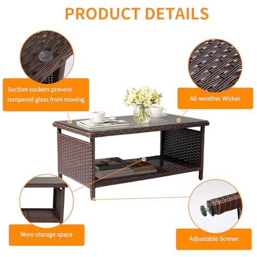 VINGLI Outdoor Wicker CoffeeTable Patio Coffee Tables for Outside, Tempered Glass Top Wicker Table with Storage Coffee Table for Patio Balcony Porch Deck (Brown)
