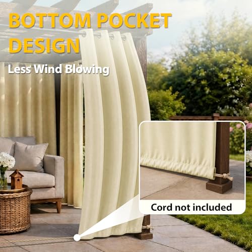BONZER Waterproof Outdoor Curtains for Patio, Premium Thick Privacy Weatherproof Grommet Outside Curtains for Porch, Pergola, Cabana, 1 Panel, 54W x 84L inch, Cream