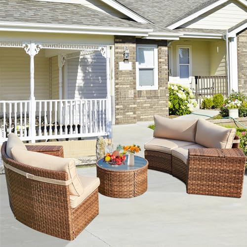 ECOTOUGE Outdoor Patio Furniture Set, 7-Piece Half-Moon All-Weather Wicker Curved Outdoor Sofa, Rattan Conversation Set with Storage Table, Fit for Pool, Backyard, Balcony, Garden(Brown&Beige)