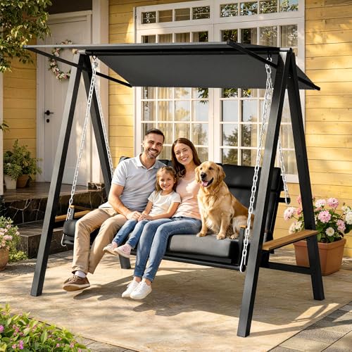 Pamapic 3-4 Seat Porch Swing with Stand, 990lbs Heavy Duty Outdoor Swings for Adults with 4“ Thick Cushions, Breathable Textilene Mesh Base, Adaptive Pillow, Adjustable Canopy, Side Trays for Backyard