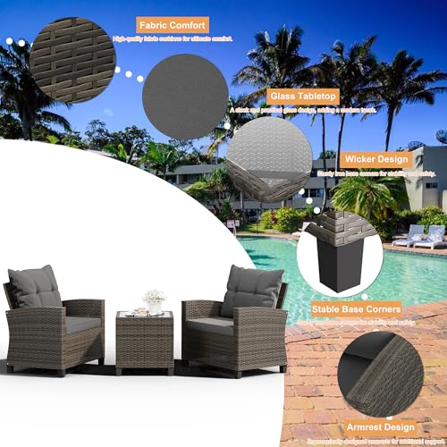 Shintenchi 3 Pieces Patio Furniture Set 3 Pieces PE Rattan Wicker Chairs with Table Outdoor Furniture for Backyard/Garden/Poolside/Outdoor Restaurant Gary Rattan with Gary Cushion