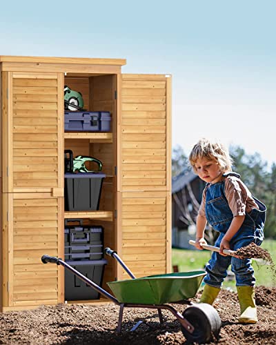 Bealife 63.2" Outdoor Storage Cabinet with Double Doors, Lockable Vertical Storage Shed with 3 Shelves Organizer, Waterproof Fir Wood Tool Closet Shed for Garden, Backyard, Patio, and Lawn -Natural