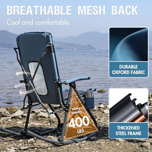 Portal Oversized Folding Rocking Camping Chair Portable Outdoor Rocker with High Back Hard Armrests Carry Bag, Supports 400 lbs, Mesh Back, Blue