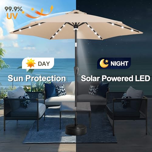 FLAME&SHADE 10ft Solar Outdoor Umbrella - 24 LED Lighted Patio Umbrella with Centre Surround Light, Table Umbrellas with Tilt & Crank for Pool, Porch, Garden, Deck, Backyard UV Protection (Beige)