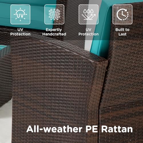 FDW 4 Piece Patio Furniture Sets, Wicker Conversation Set 4 All-Weather Outdoor Sectional Patio Sofa for Porch Deck with Blue Cushion Brown Rattan Sofa Chair