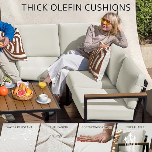 NATURAL EXPRESSIONS 6 Pieces Patio Furniture Set, Outdoor Couch with Thick Olefin Cushions, Fauxwood Armrest and Tabletop, Ergonomic Design Highback, Sectional Outdoor Furniture for Backyard, Deck