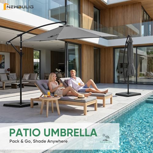 NEWBULIG 10FT Patio Umbrella with Base Included, Offset Cantilever Outdoor Patio Table Umbrella, UV Protection, Fade Resistant Fabric, Easy Tilt Adjustment for Pool, Deck, Garden, Backyard, Gray