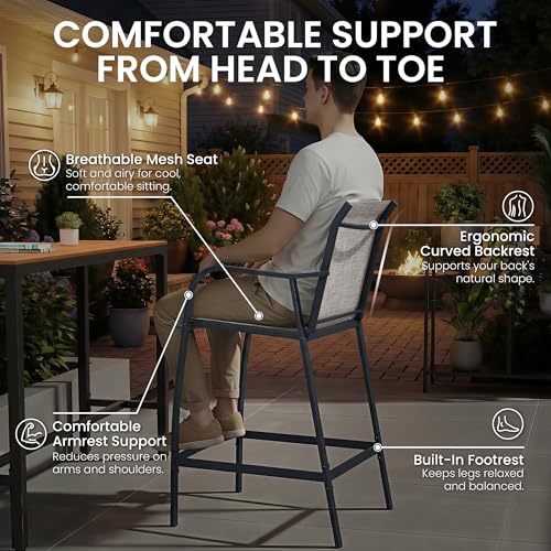 Crestlive Outdoor Bar Stools Set of 4, 500 lb Capacity Metal Patio Bar Chairs with Breathable Mesh Seat and Back – 28.7" Bar Height Stool for Backyard and Balcony