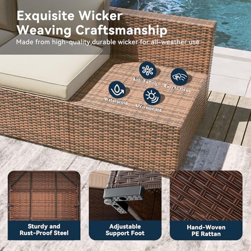 LazySunsets 7 Piece Outdoor Patio Furniture Set with Coffee Table, Outdoor Patio Furniture Sets with Thicken Cushion, Wicker Rattan Outdoor Conversation Set for Backyard & Garden, Beige