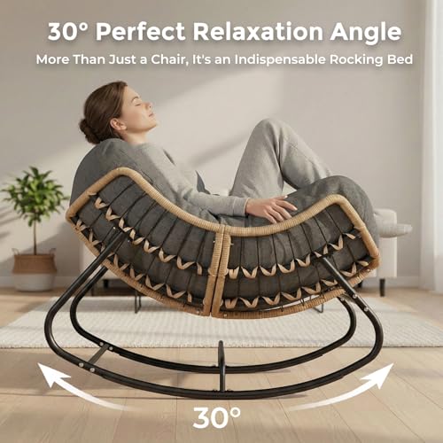 SWITTE Outdoor Papasan Rocking Chair, Oversized Patio Egg Chair with Thick Cushion, Indoor Wicker Lounge Rocker Bed for Balcony, Porch, Garden, Gray