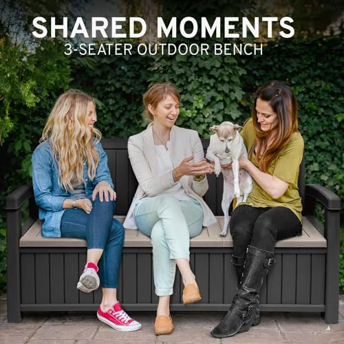 EconoHome 3 Seat Outdoor Storage Bench - 90 Gallon Capacity - Weatherproof Resin Bench for Patio, Porch, Garden, Yard, Pool Area - Furniture for Pool Accessories, Gardening Tools, Toys