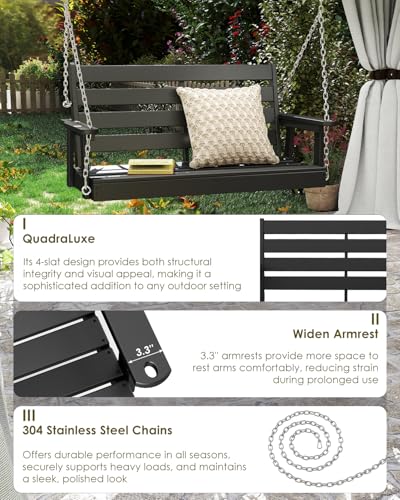 GREENVINES Porch Swing | 51’’ | HDPE Plastic | for Outdoor Patio | All Weather | Waterproof Bench Swings | w/ 4 Stainless Steel Chains | Black
