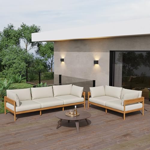 Acanva Modern Outdoor Patio Furniture Set, All-Weather Aluminium Conversation Sectional Sofa with Thick Cushions for Backyard, Garden, Porch, Couch, Beige