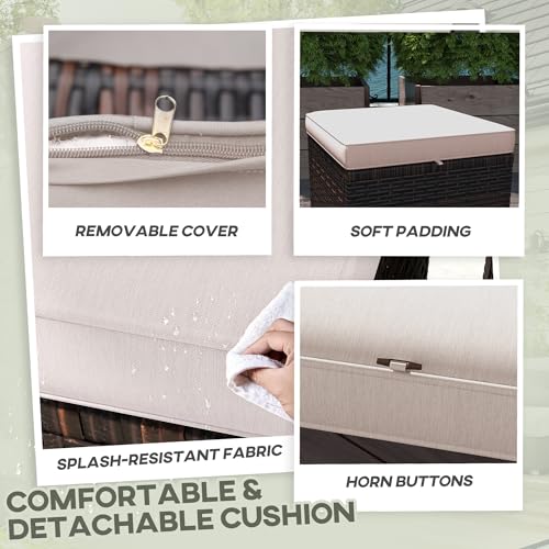 Outsunny 2 Pieces Outdoor Patio Ottomans, All Weather Wicker Footstools with Removable Cushions, 3-in-1 PE Rattan Ottoman Seat, Footrest and Side Table for Backyard, Poolside, Cream White